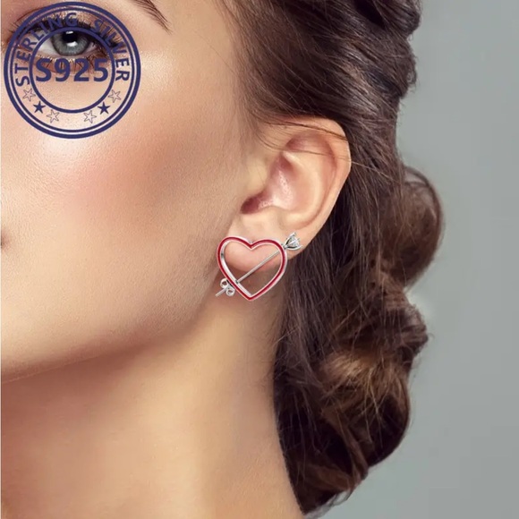 Sterling Silver Red Heart Arrow Stud Earrings - Picture 3 of 5
